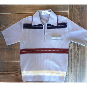Vintage 70s Polo Shirt Mens Medium Gray Striped Retro Point Collar Knit Golf Mod